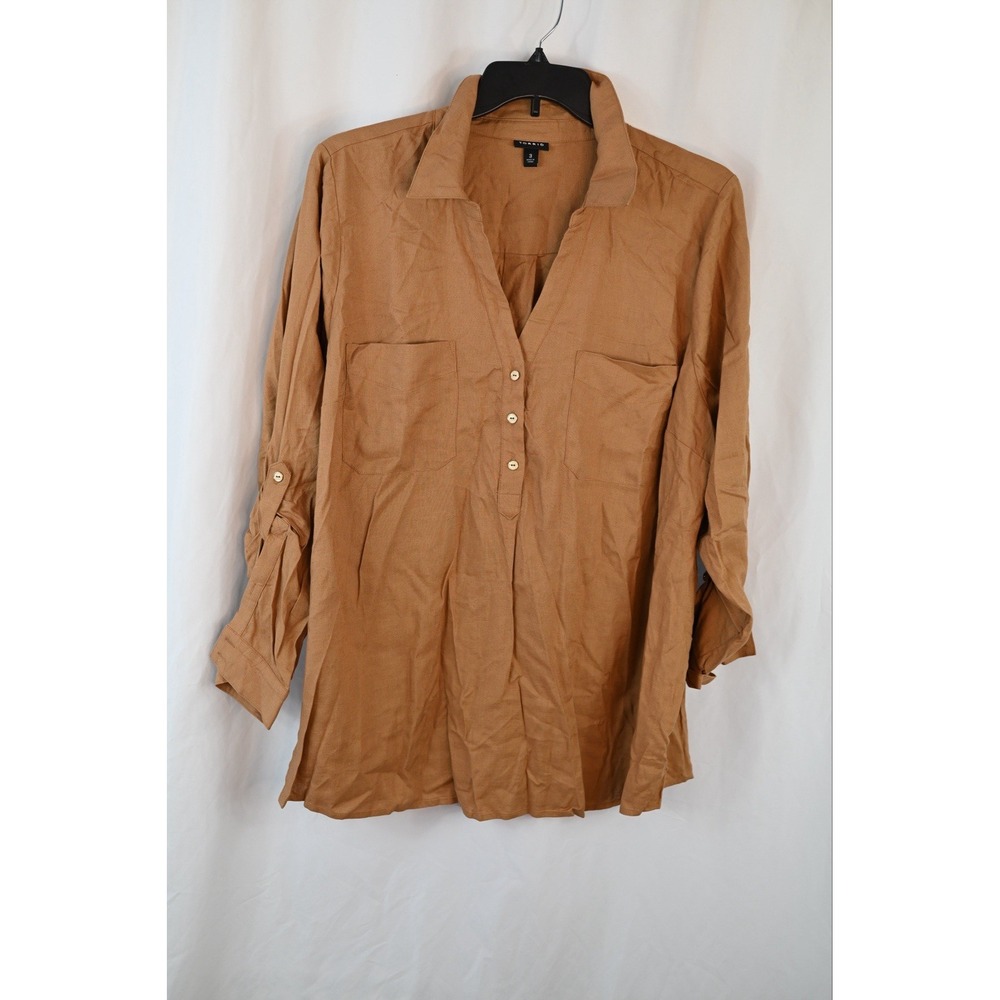 Torrid Tan Button Up Long Sleeve Shirt Women Size 3 Plus Rayon Linen V-Neck